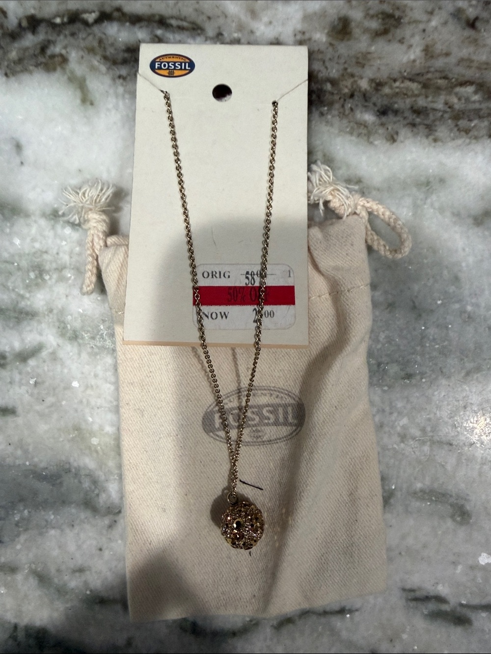 Fossil NWT Gold-Tone Crystal Pave Sphere Pendant Necklace